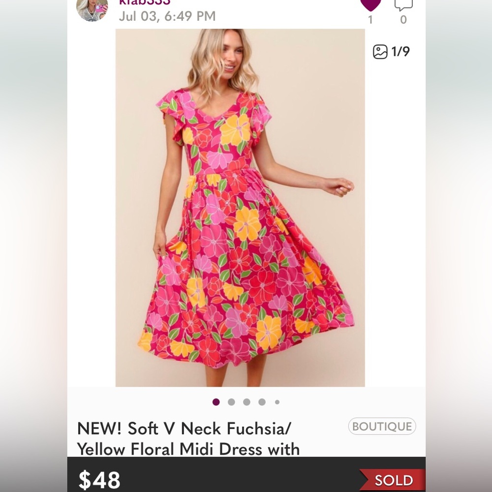 Fuchsia/Yellow Floral Midi Dress with Folded Ruffle & Pockets - Picture 10 of 10